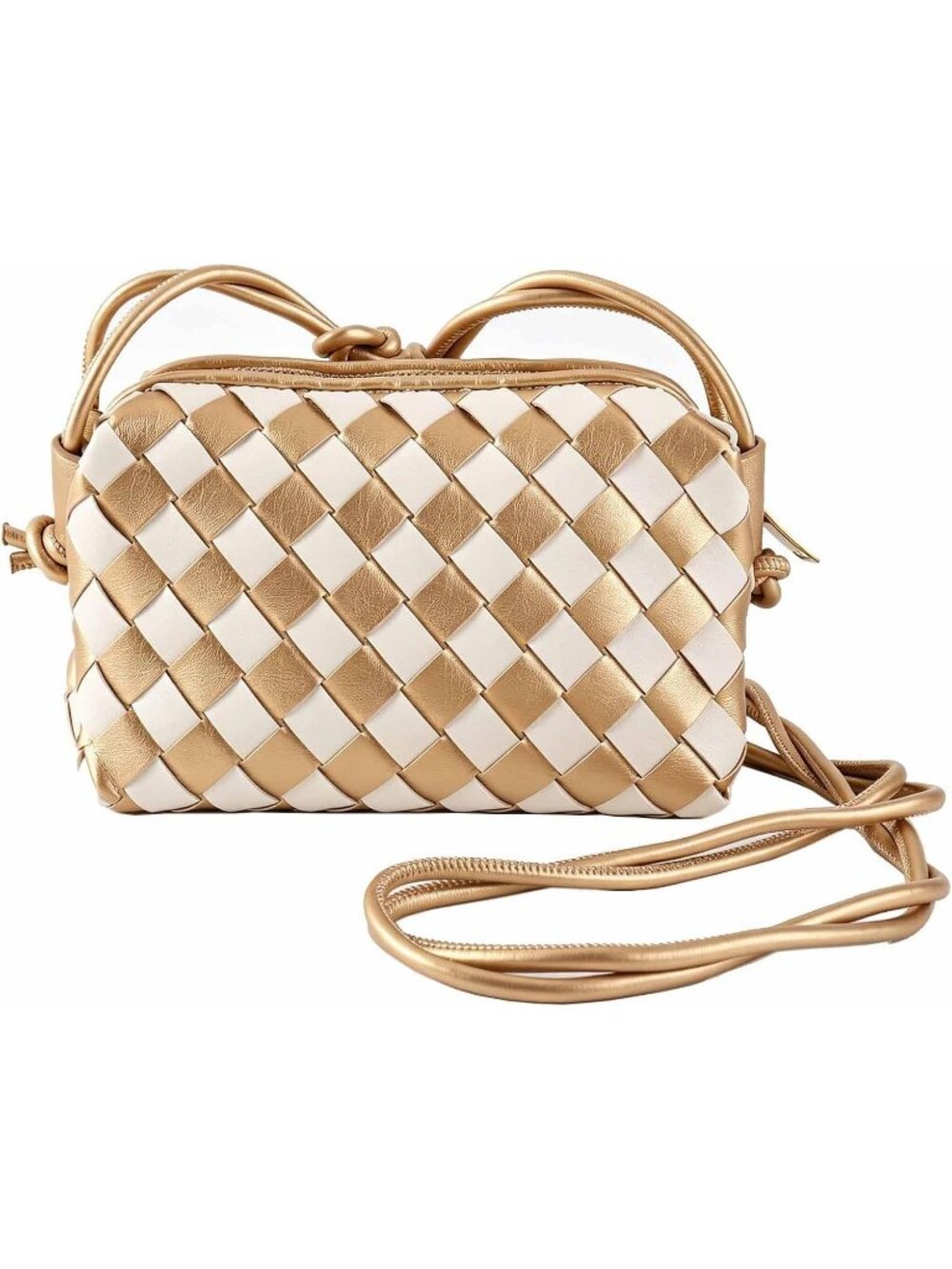 Women's Gold White Woven Leather Adjustable Strap Evening Crossbody Bag